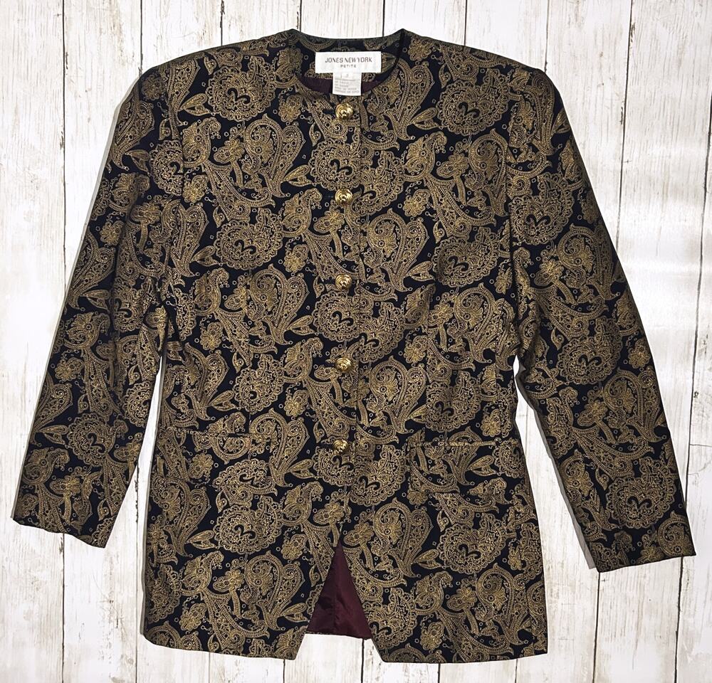 Jones New York Pure Silk Paisley Button Up Blazer 2 Petite
